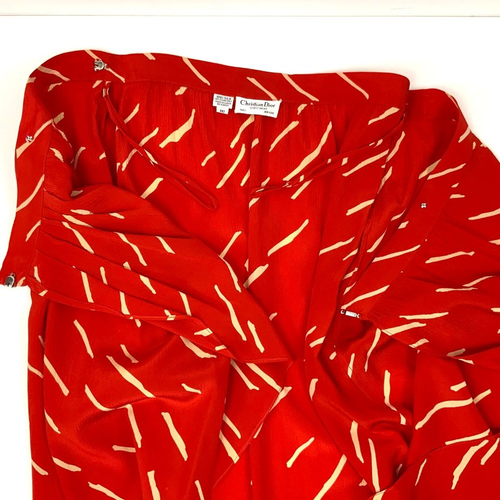 Vintage Christian Dior Red Silk Wrap Front Midi Skirt Luxury Size 10 - Picture 14 of 16